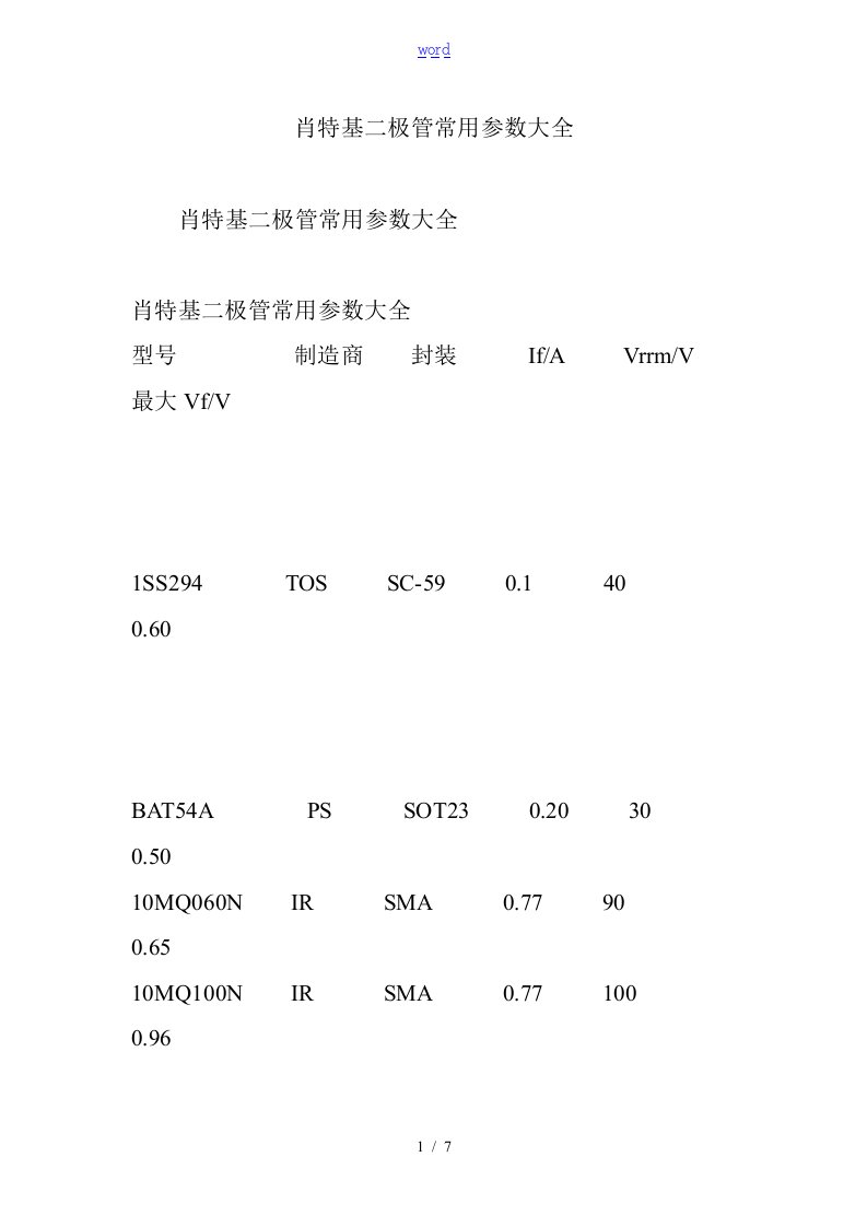 肖特基二极管常用全参数大全