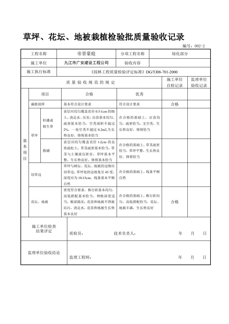 草坪、花坛、地被栽植检验批质量验收记录