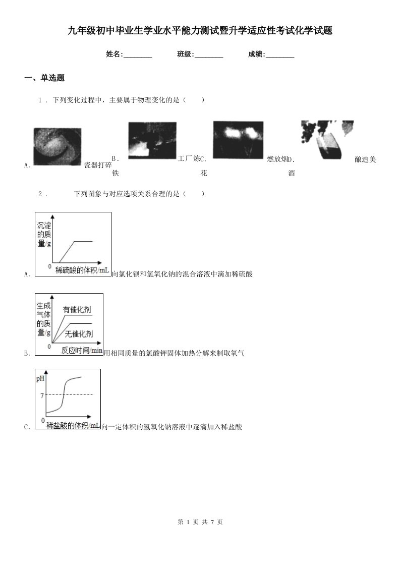 九年级初中毕业生学业水平能力测试暨升学适应性考试化学试题