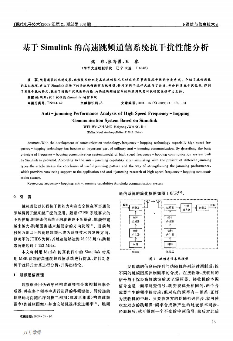 基于Simulink的高速跳频通信系统抗干扰性能分析