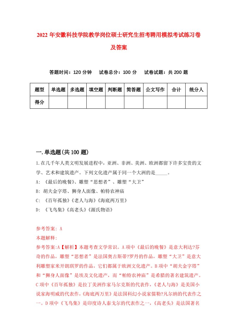 2022年安徽科技学院教学岗位硕士研究生招考聘用模拟考试练习卷及答案6