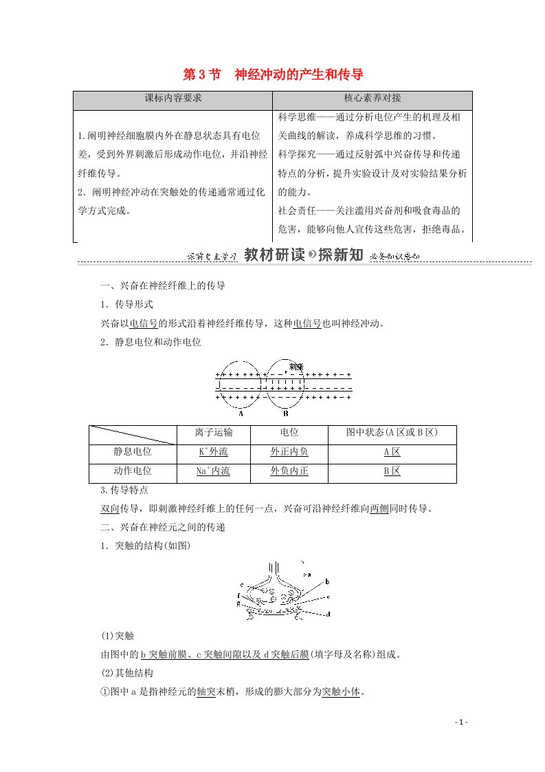 2020_2021学年新教材高中生物第2章神经调节第3节神经冲动的产生和传导学案新人教版选择性必修1