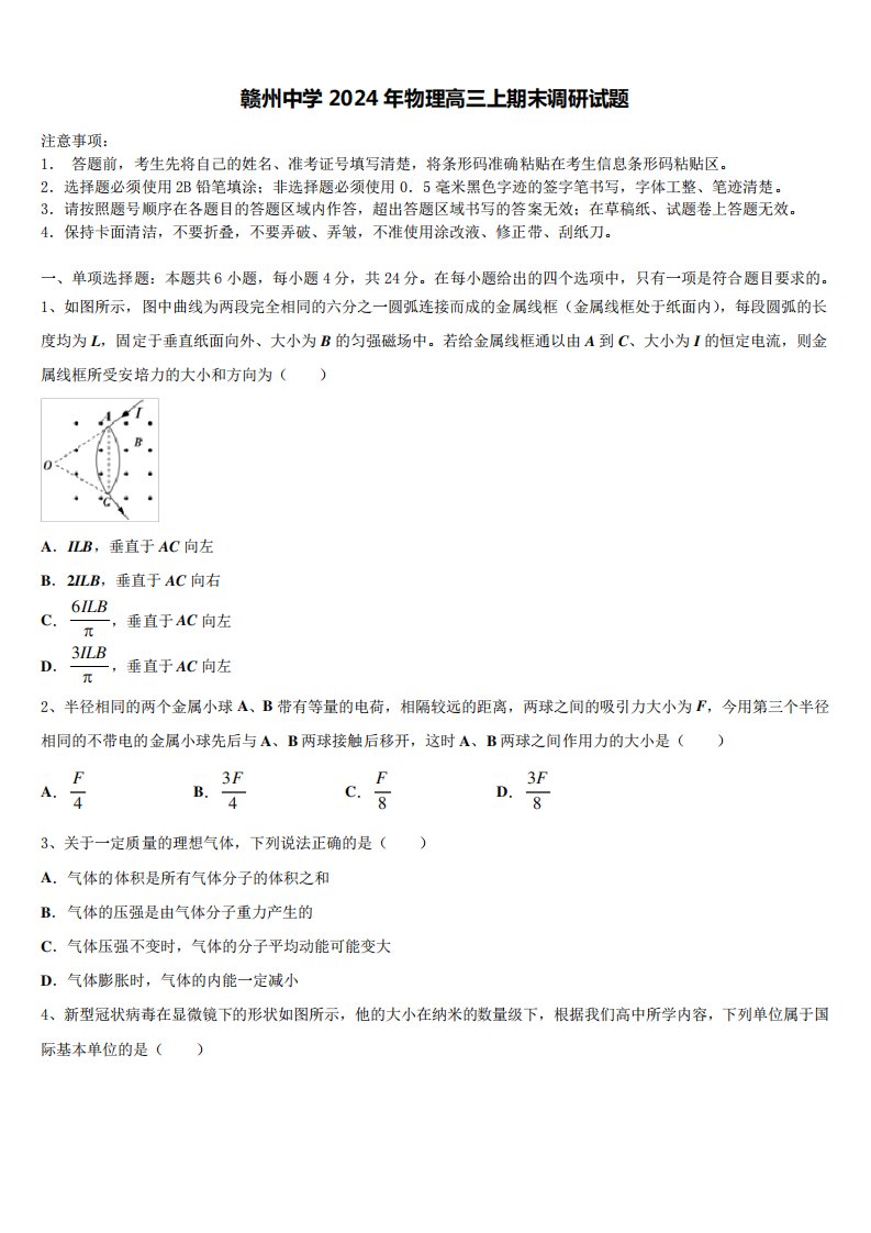 赣州中学2024年物理高三上期末调研试题含解析