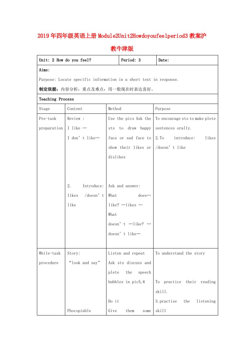 2019年四年级英语上册Module2Unit2Howdoyoufeelperiod3教案沪教牛津版