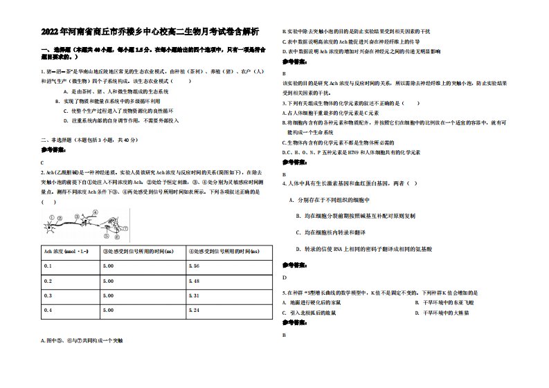 2022年河南省商丘市乔楼乡中心校高二生物月考试卷含解析