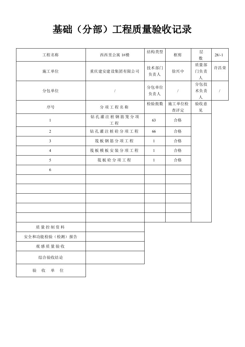 工程质量验收记录填写样表及分部分项工程的划分