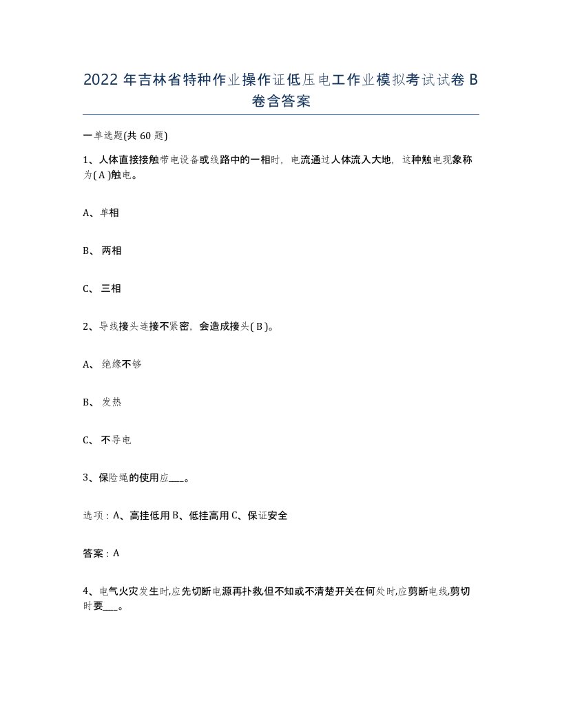 2022年吉林省特种作业操作证低压电工作业模拟考试试卷B卷含答案