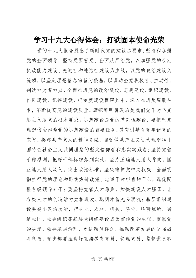 学习十九大心得体会：打铁固本使命光荣