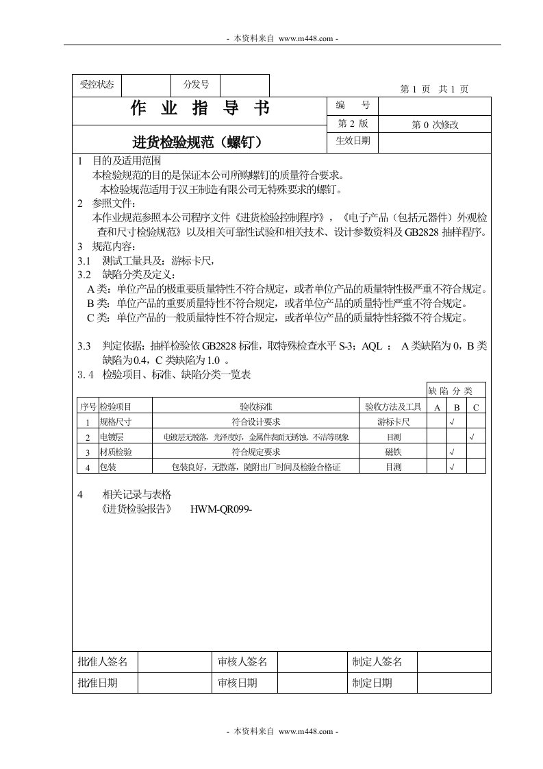 进货检验规范作业指导书（螺钉）-作业指导