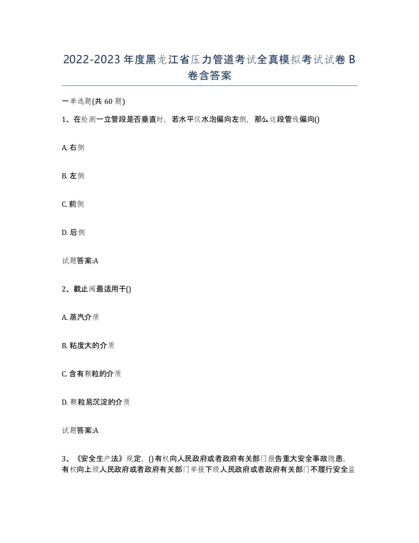 2022-2023年度黑龙江省压力管道考试全真模拟考试试卷B卷含答案