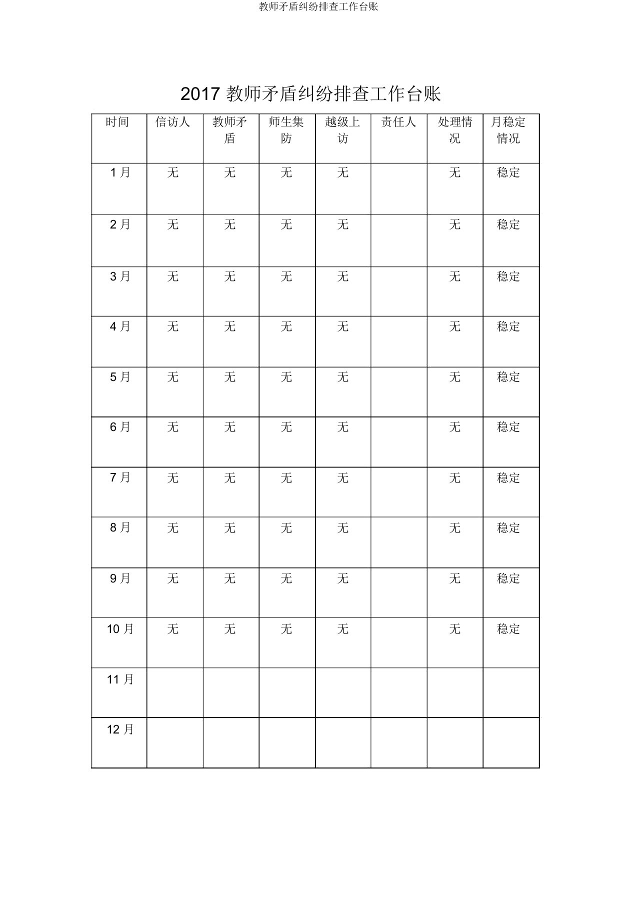 教师矛盾纠纷排查工作台账