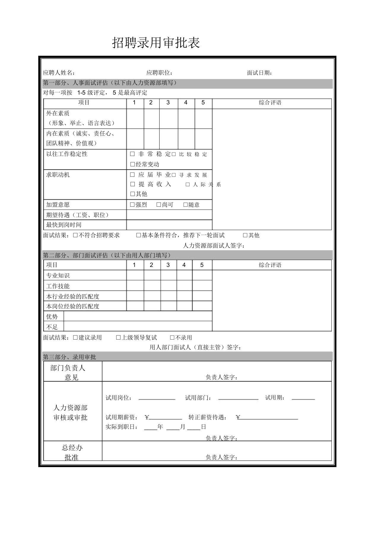 招聘录用审批表