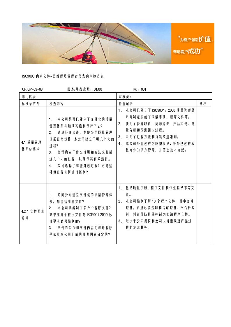 ISO9000内审文件-职业经理及管理者代表内审