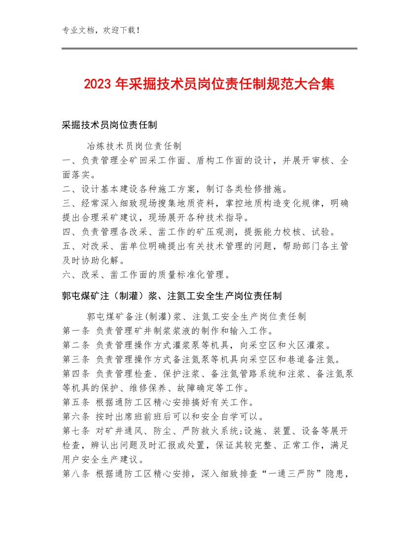 2023年采掘技术员岗位责任制规范大合集