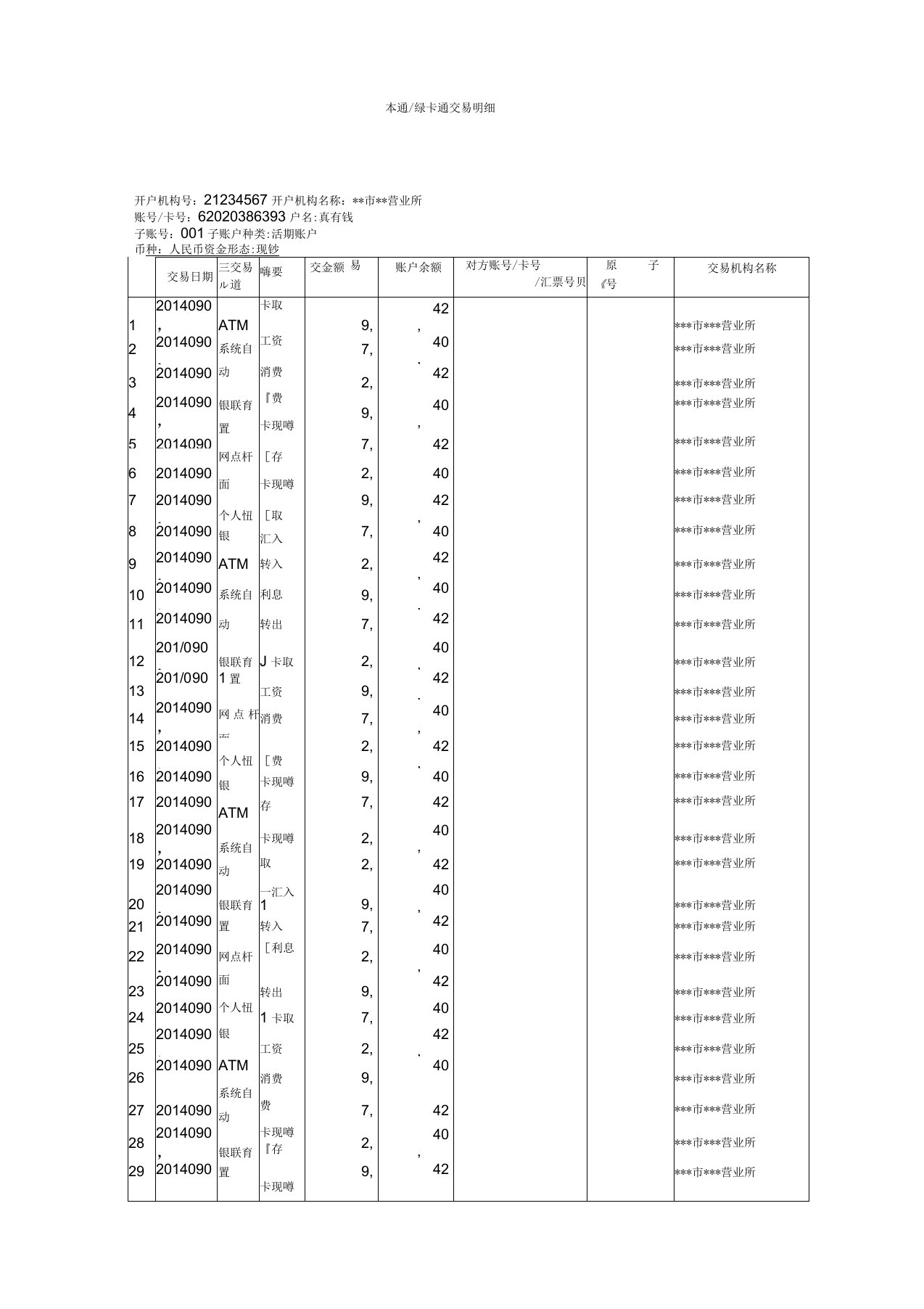 邮政银行卡流水模版