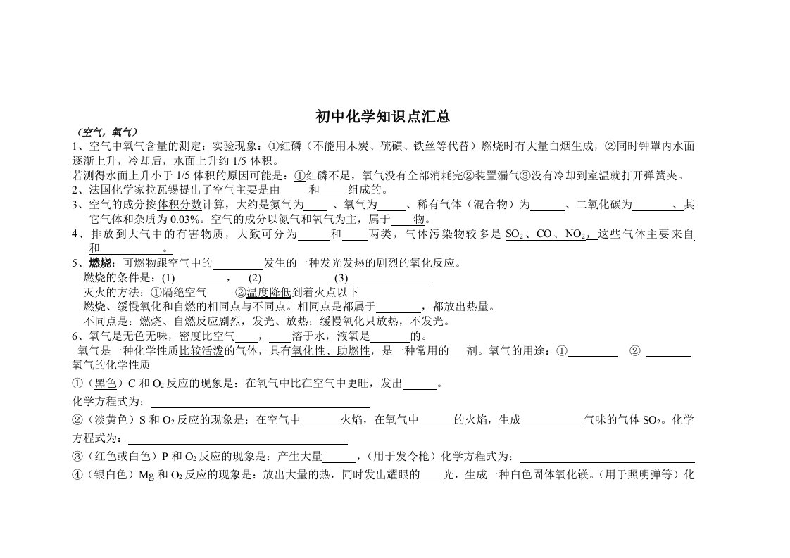 初中化学知识点汇总填空