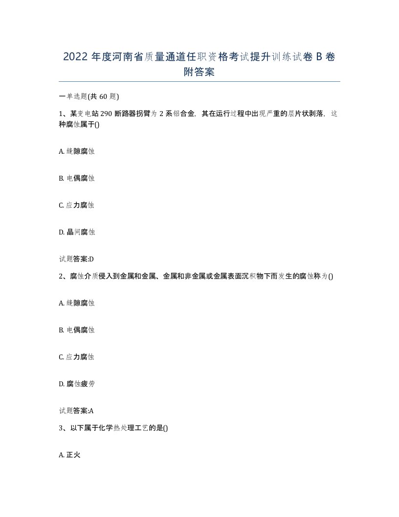 2022年度河南省质量通道任职资格考试提升训练试卷B卷附答案