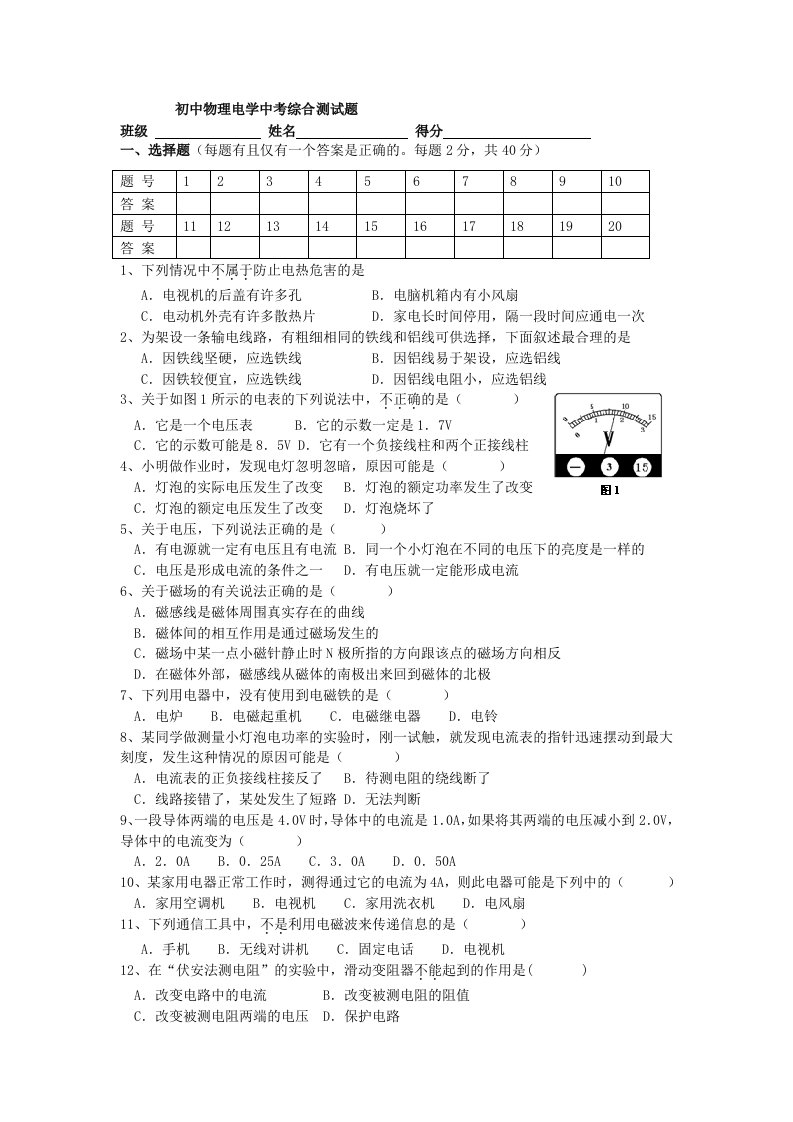 2013初中物理电学中考测试题