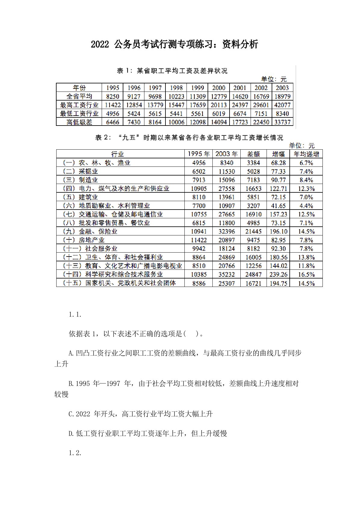 2022年公务员考试行测专项练习：资料分析