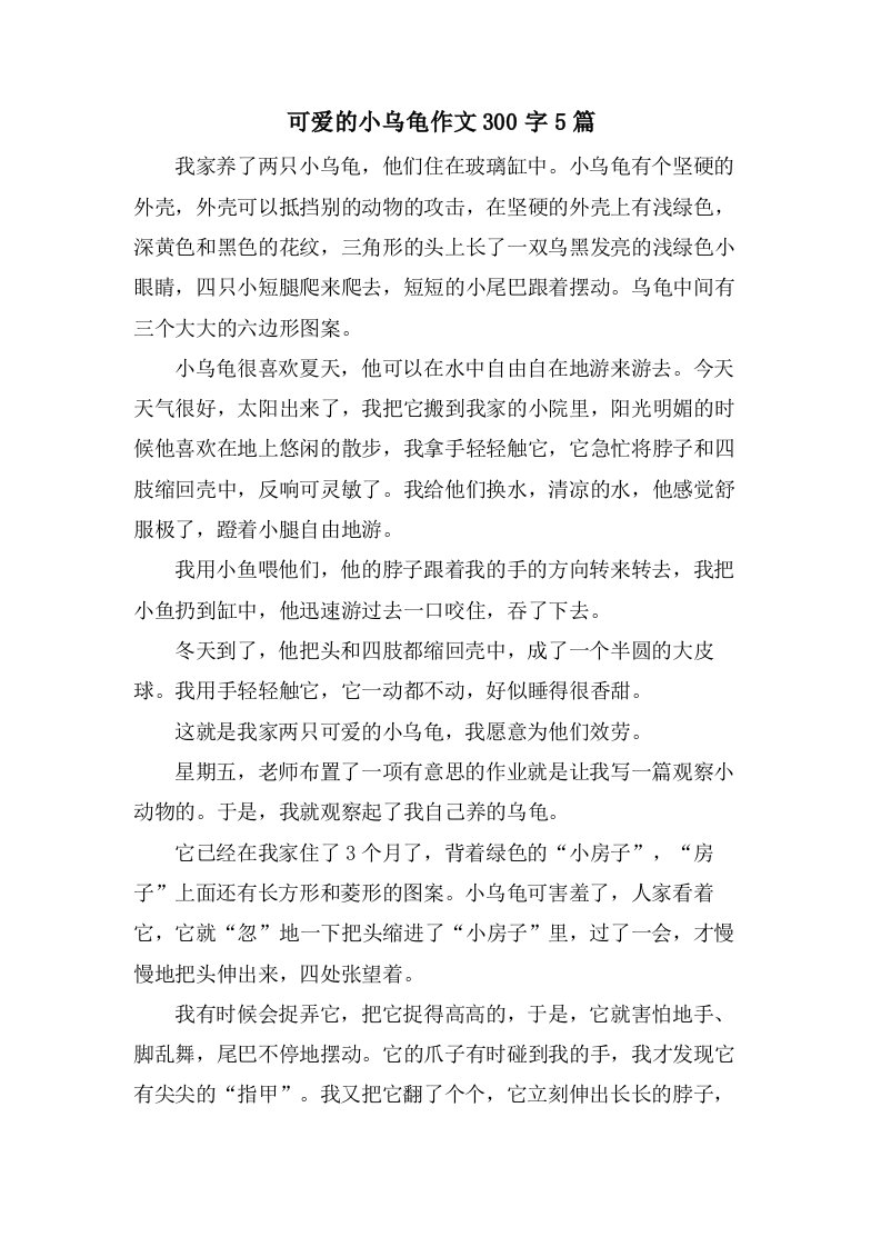 可爱的小乌龟作文300字5篇