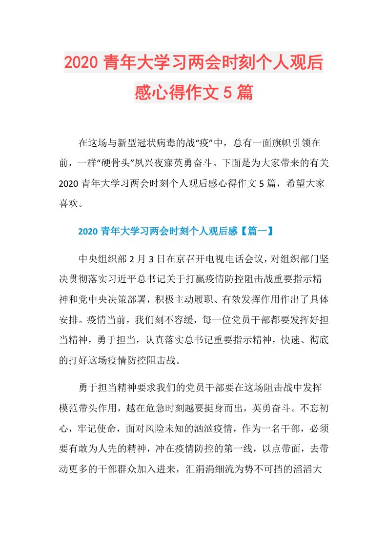 青年大学习两会时刻个人观后感心得作文5篇