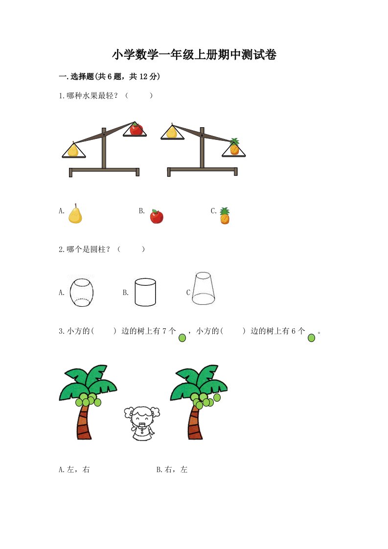 小学数学一年级上册期中测试卷（各地真题）