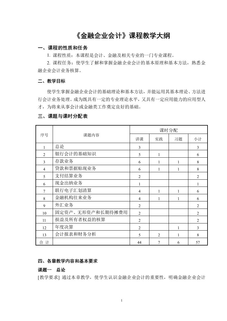 金融企业会计课程教学大纲