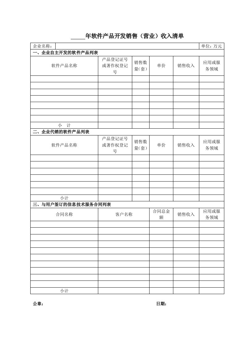 年软件产品开发销售（营业）收入清单