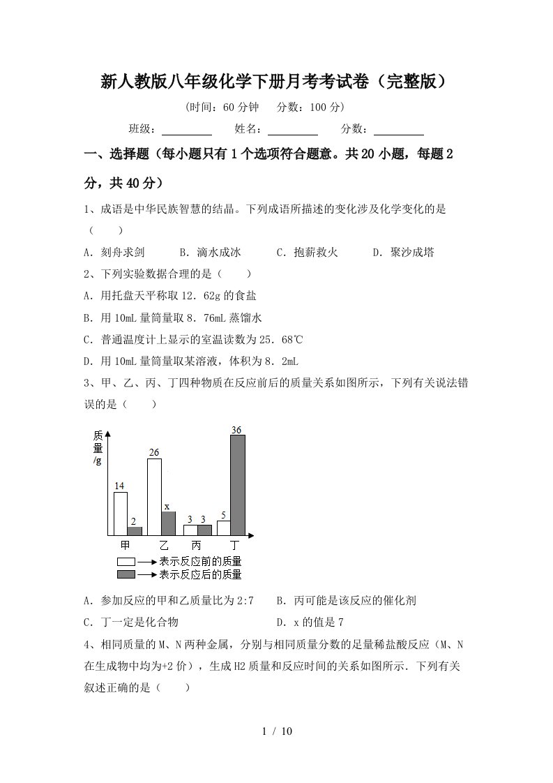 新人教版八年级化学下册月考考试卷完整版