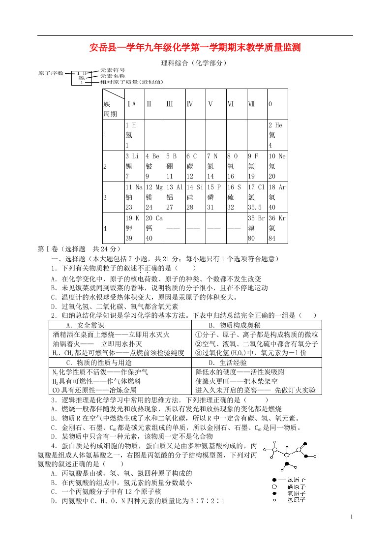 四川省安岳县九级化学上学期期末教学质量监测试题