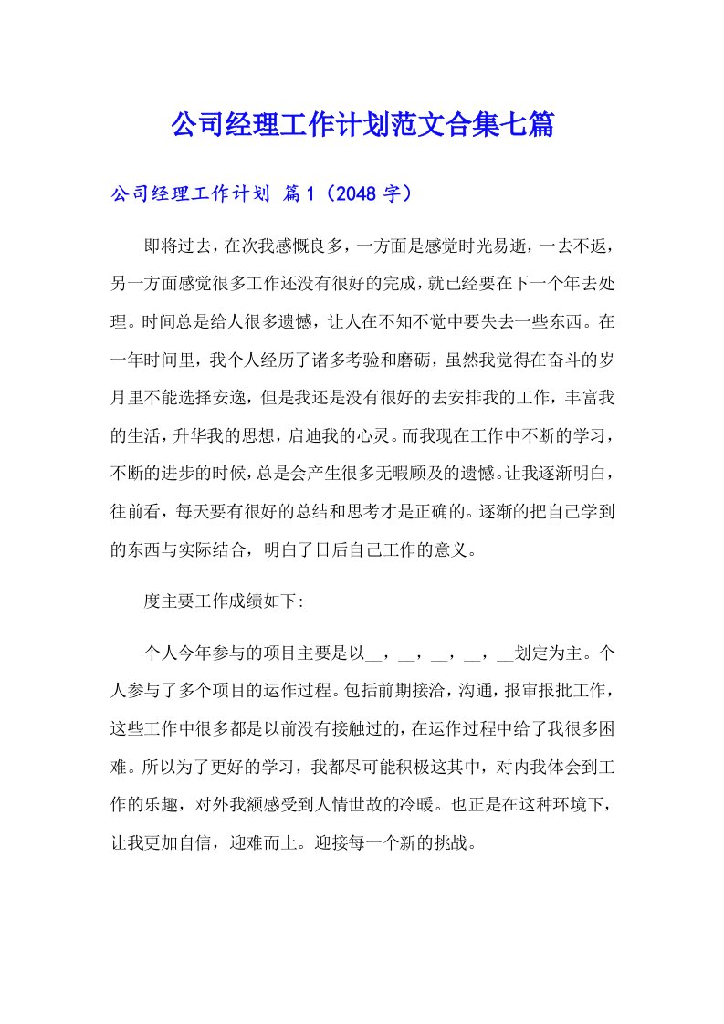 公司经理工作计划范文合集七篇