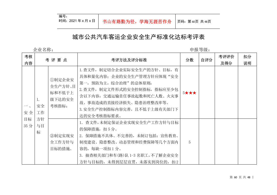 城市公共汽车客运企业安全标准化考评指标