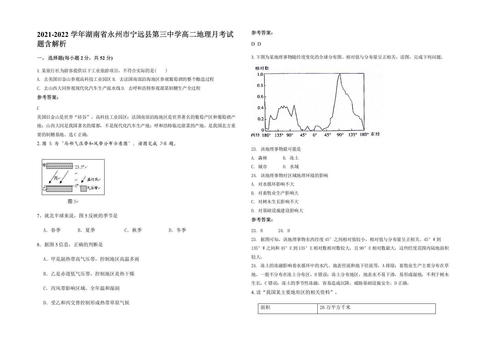 2021-2022学年湖南省永州市宁远县第三中学高二地理月考试题含解析