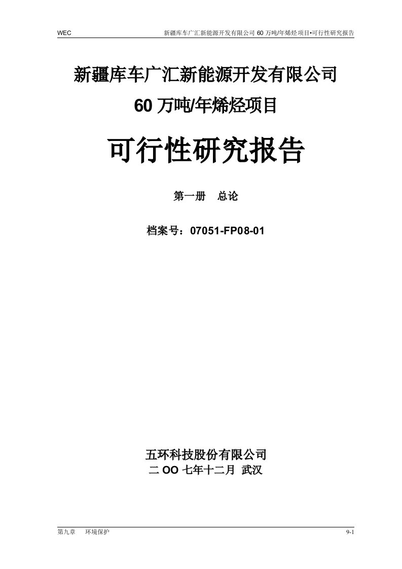 新疆库车广汇新能源开发有限公司60万吨年烯烃项目可行性研究报告