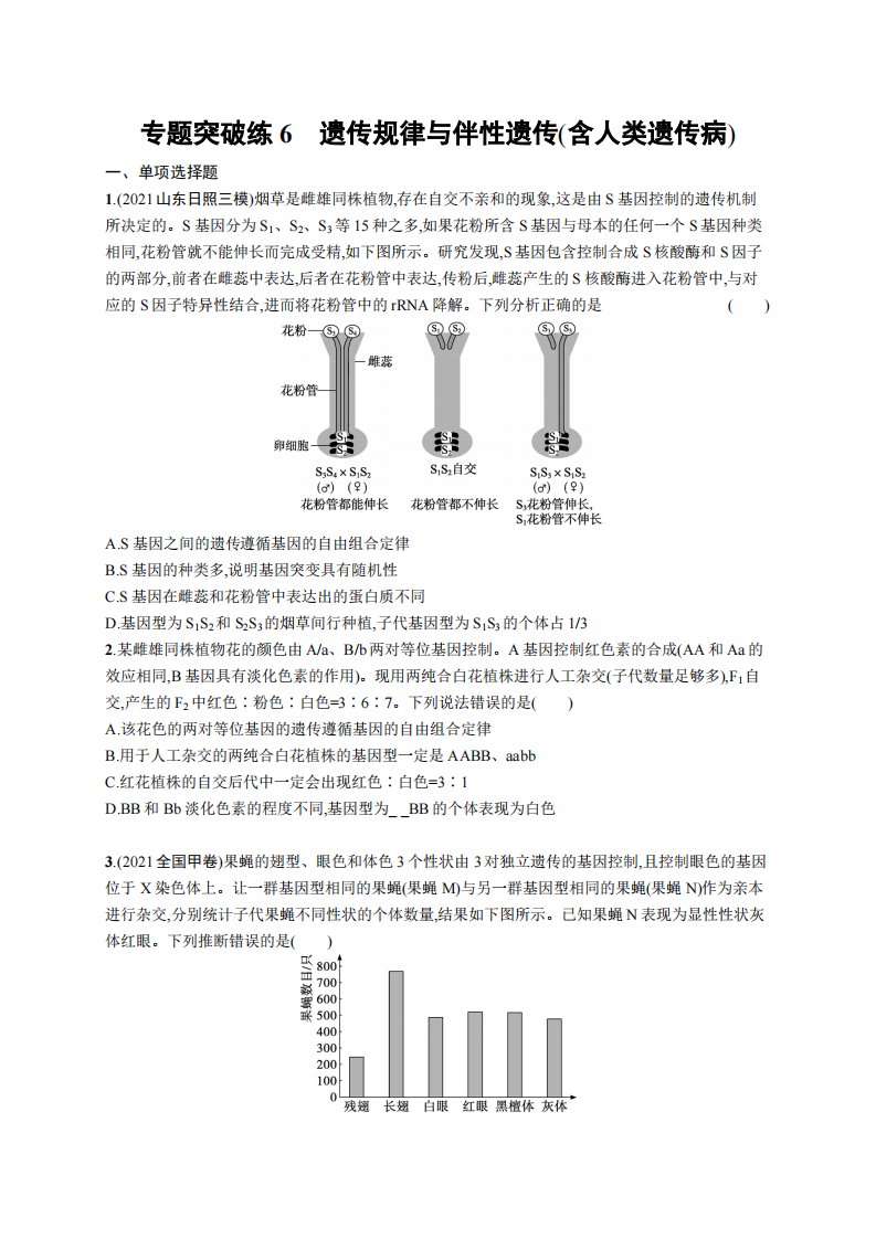 专题突破练6　遗传规律与伴性遗传(含人类遗传病)