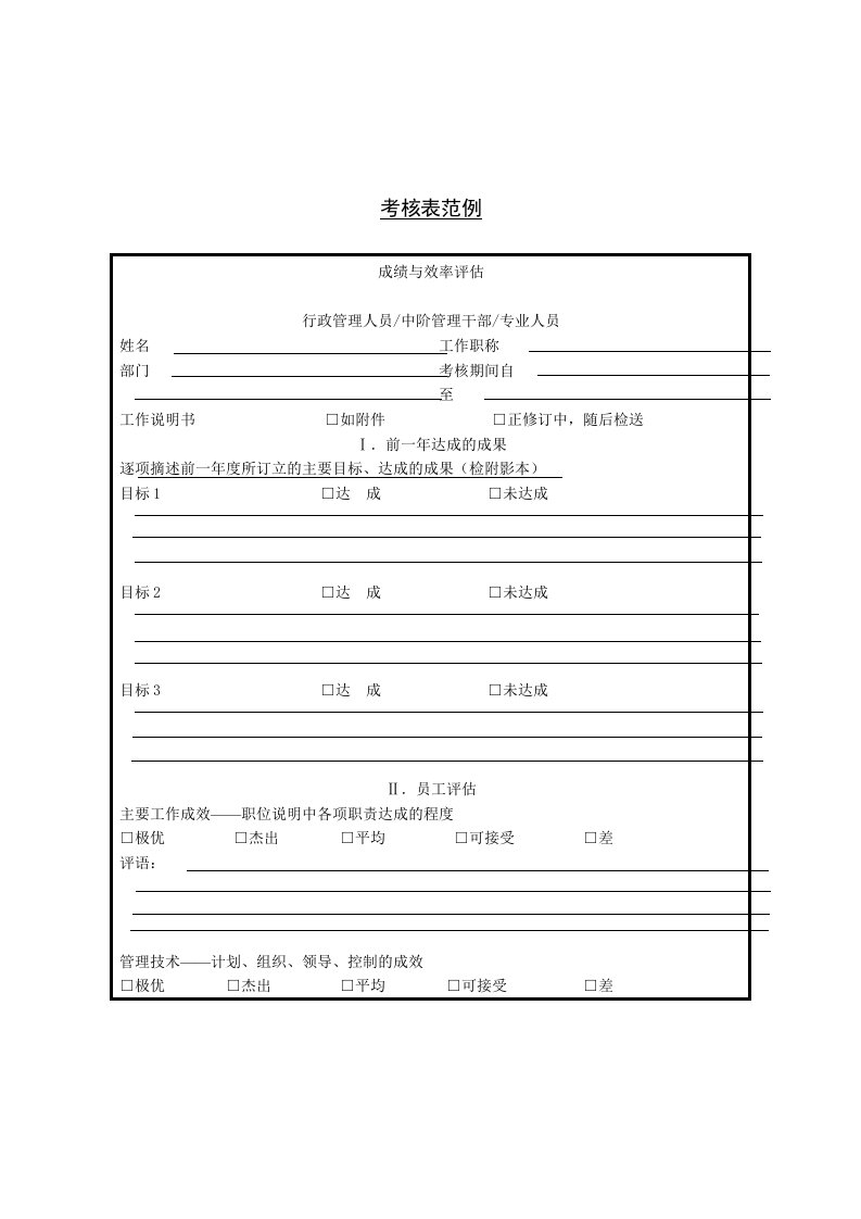 公司成绩与效率评估考核表范例