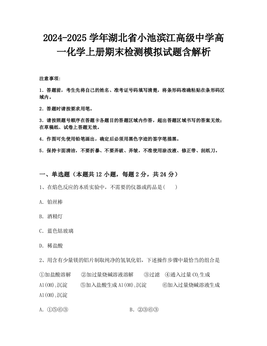 2024-2025学年湖北省小池滨江高级中学高一化学上册期末检测模拟试题含解析