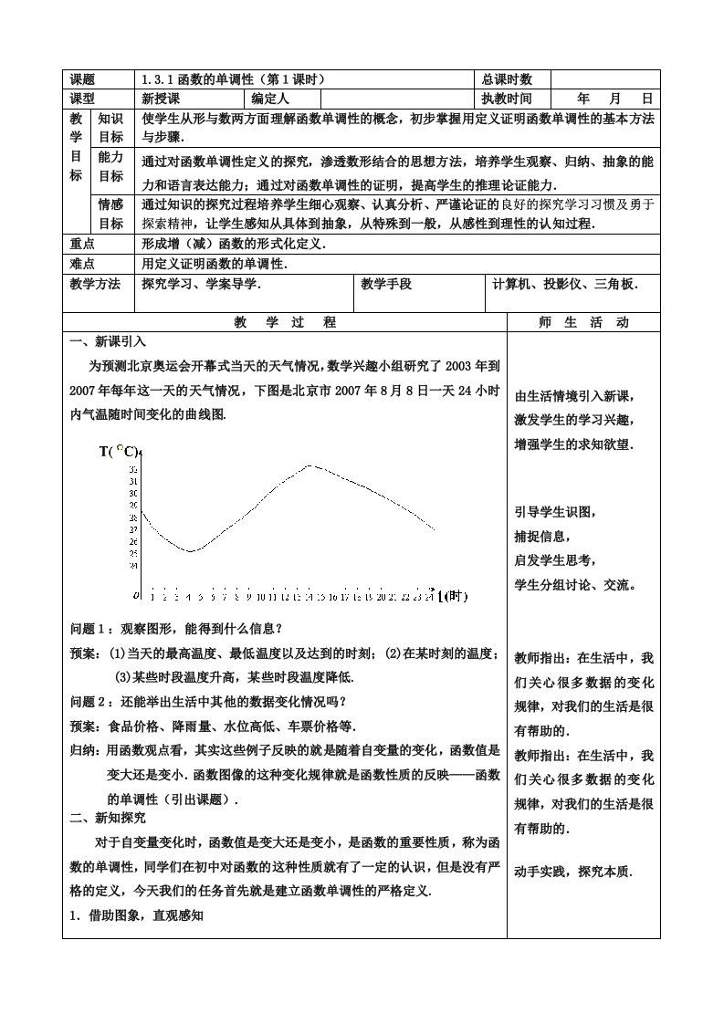 人教A版高中数学必修一131函数的单调性教学设计