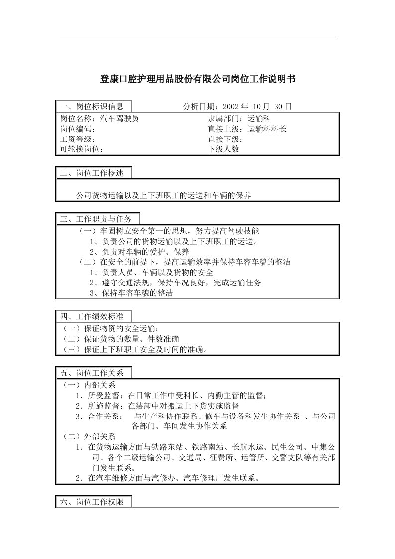 登康口腔护理用品股份有限公司汽车驾驶员岗位工作说明书