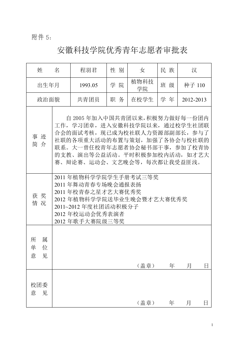 安徽科技学院优秀青年志愿者审批表