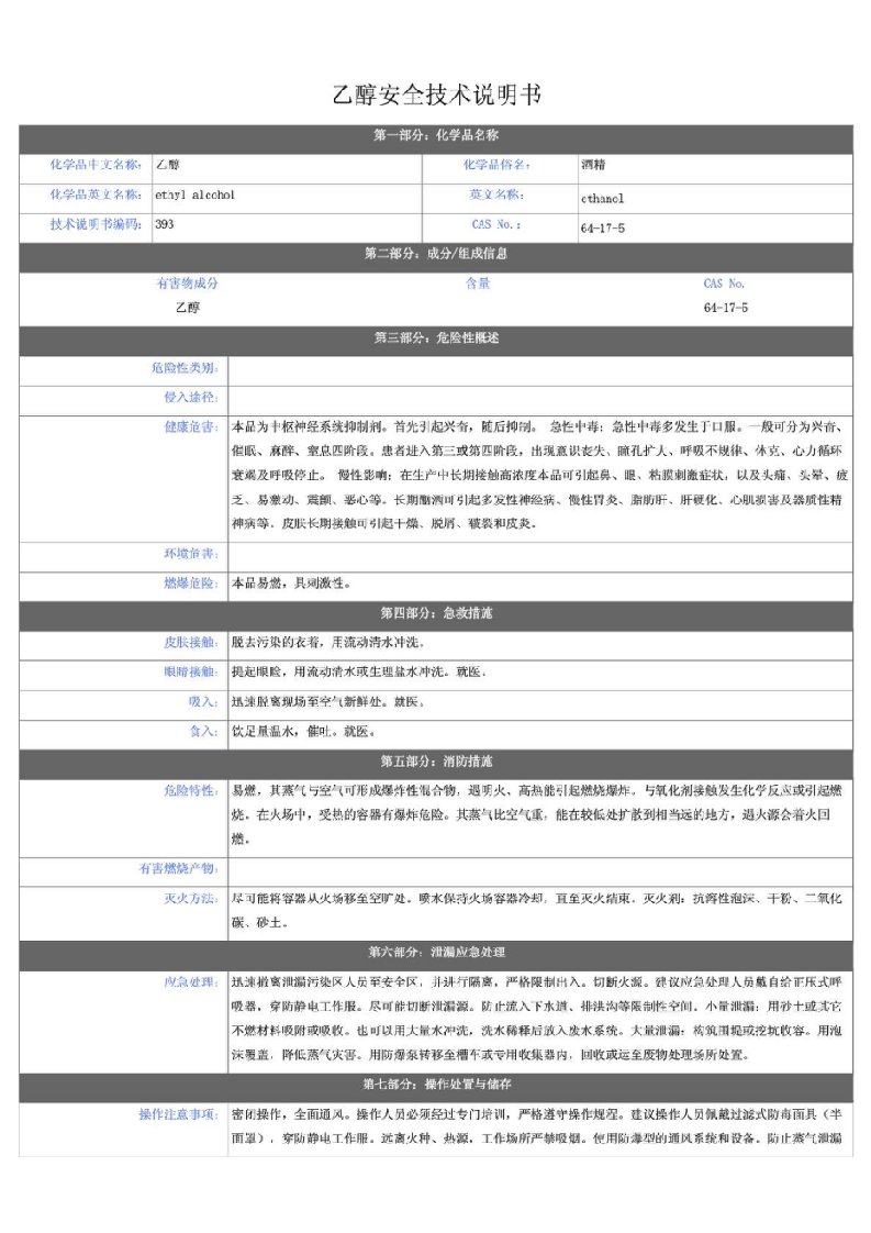 乙醇安全技术说明书,乙醇msds