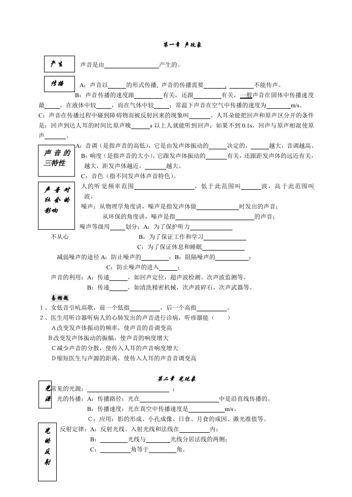 中考物理知识点打印版