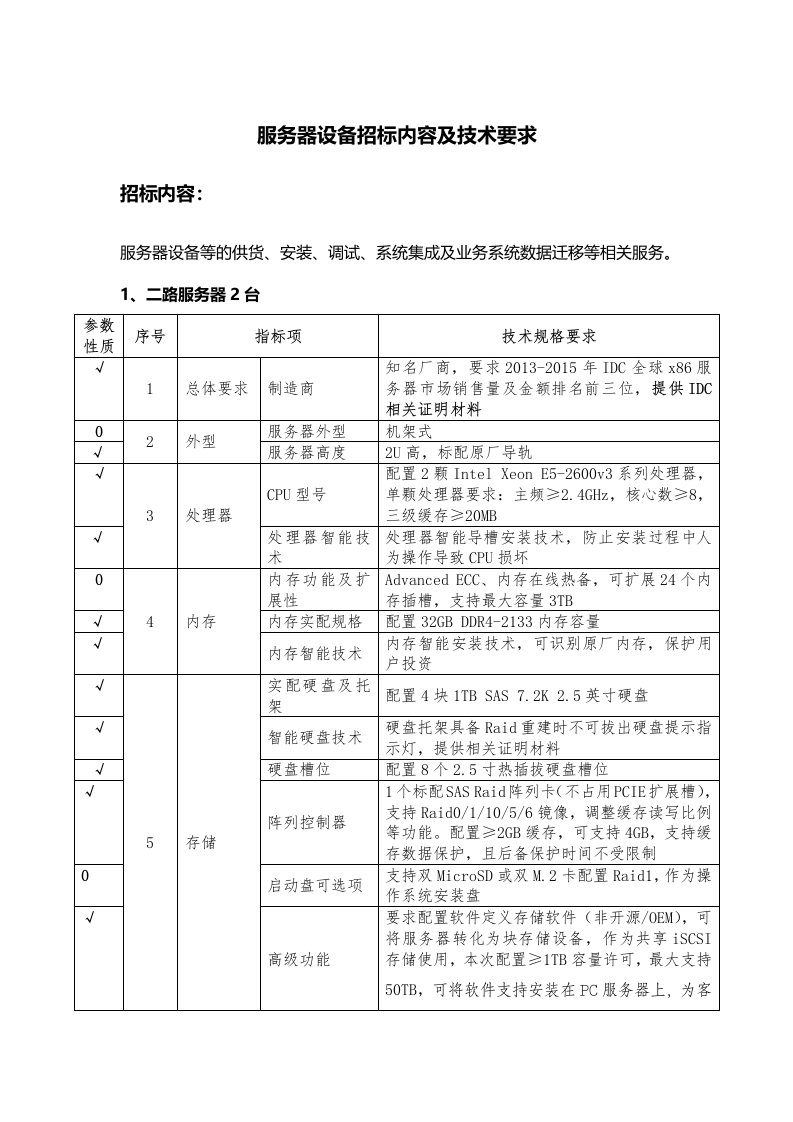 服务器设备招标内容及技术要求