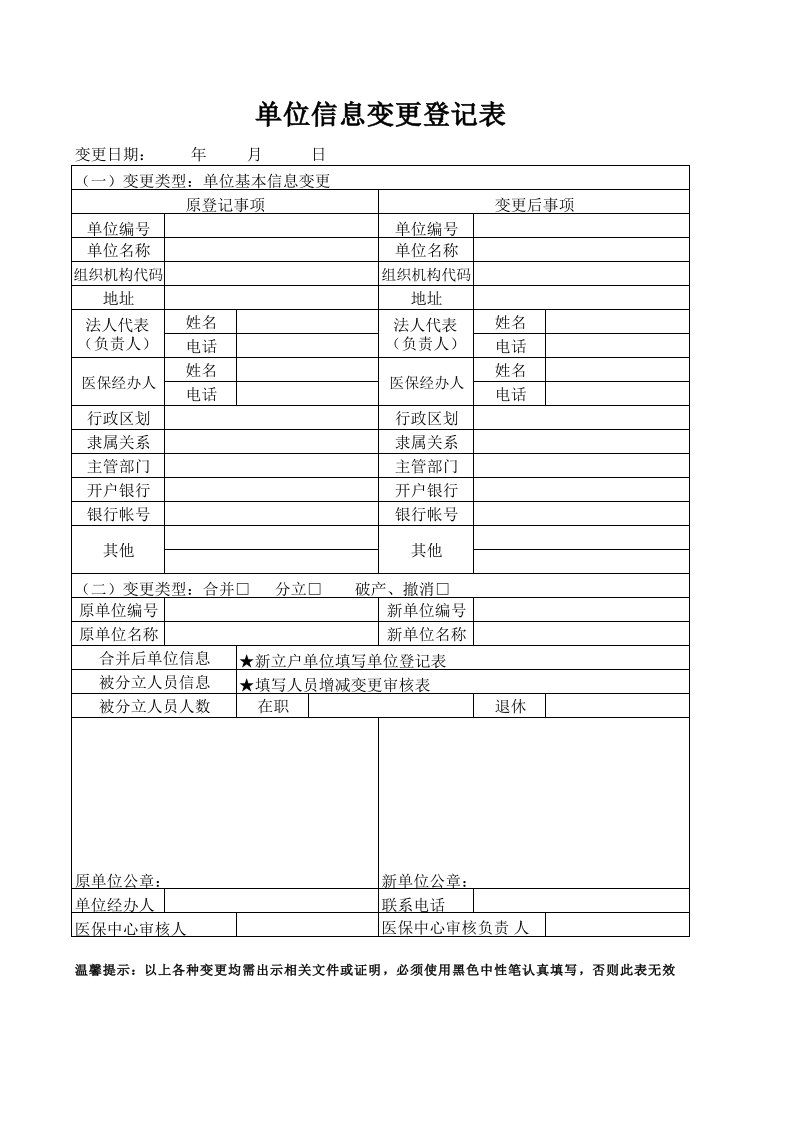 医保单位信息变更登记表