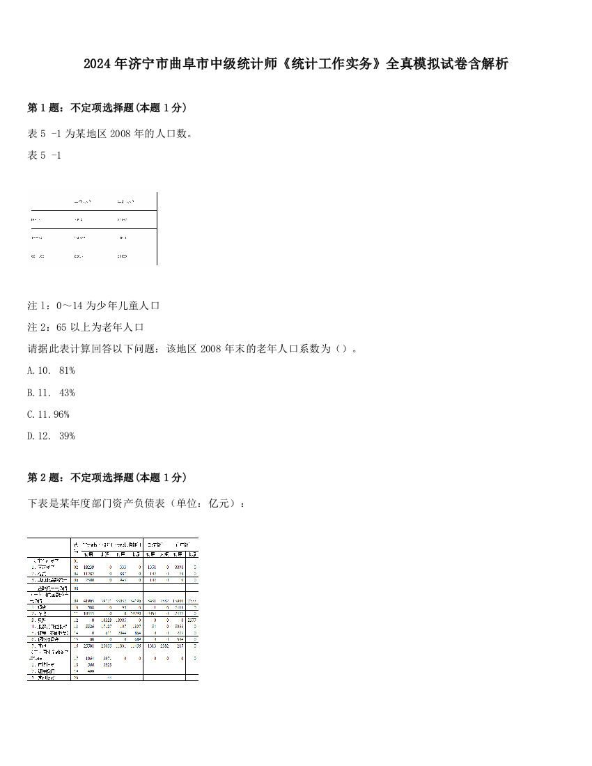 2024年济宁市曲阜市中级统计师《统计工作实务》全真模拟试卷含解析