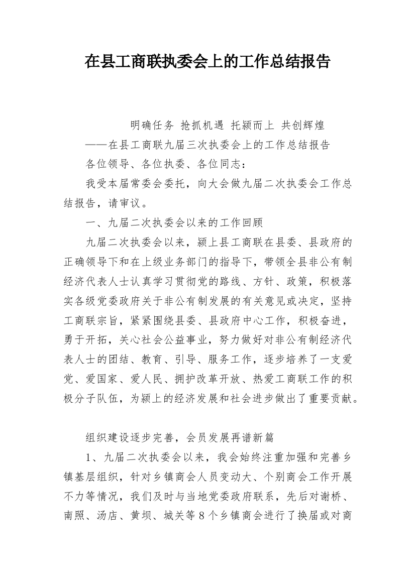 在县工商联执委会上的工作总结报告