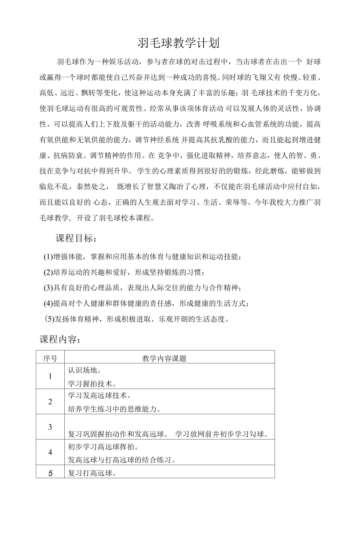 体育与健康《羽毛球》大单元教学计划及教案