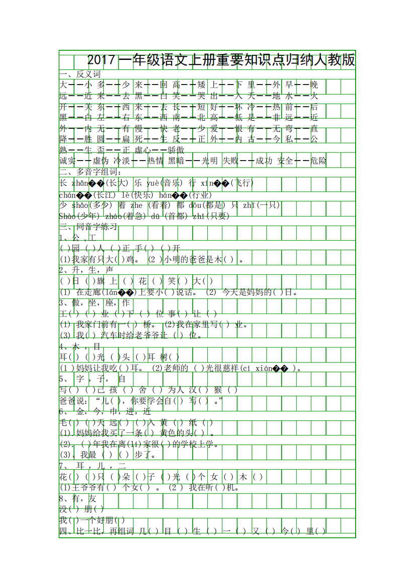 (精品)017一年级语文上册重要知识点归纳人教版102