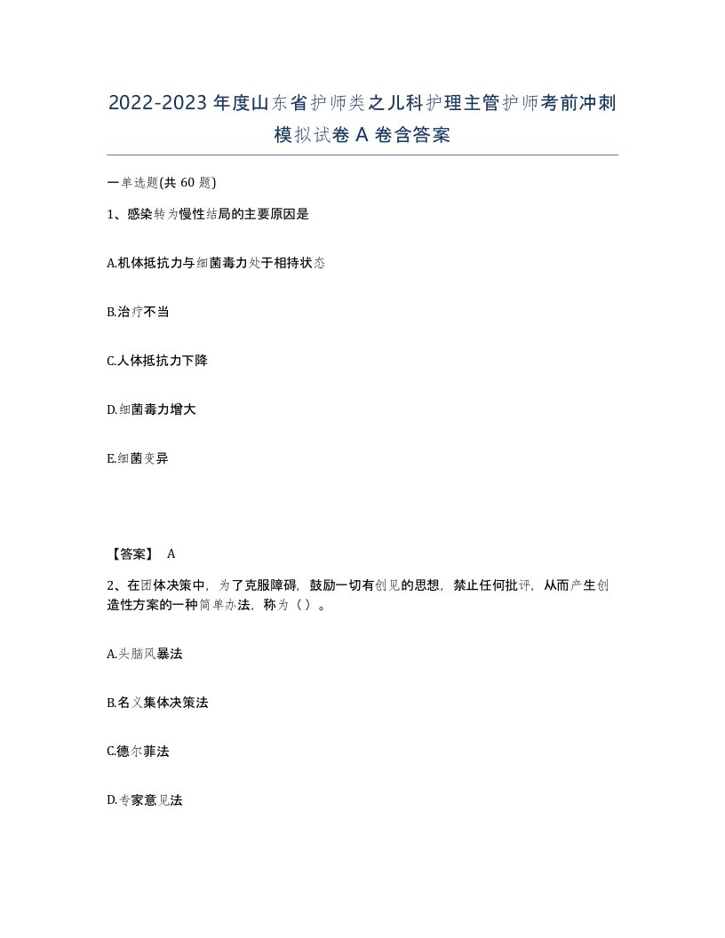 2022-2023年度山东省护师类之儿科护理主管护师考前冲刺模拟试卷A卷含答案