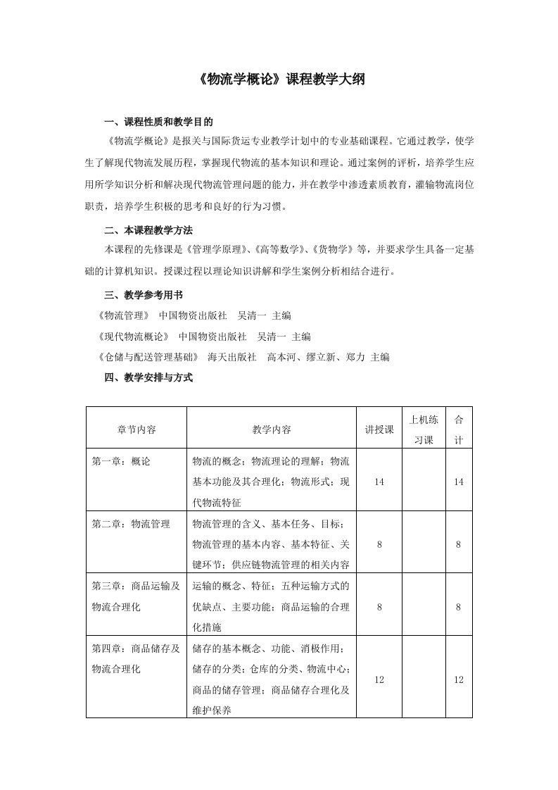 报关专科资料物流学概论资料教学大纲及考试大纲